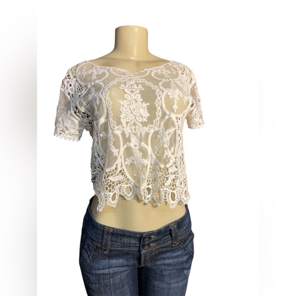Gb Girls Cream Short Sleeve Embellished Crop Blouse